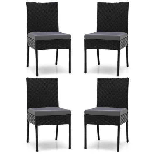 Set of 4 Patio Rattan Wicker Dining Chairs Set with Soft Cushions-Black - Color: Black