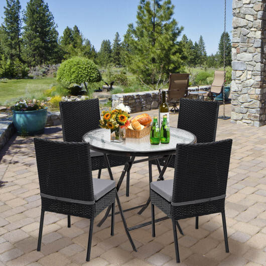 Set of 4 Patio Rattan Wicker Dining Chairs Set with Soft Cushions-Black - Color: Black - Image 2