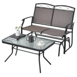 Outdoor Gliding Loveseat Chair with Tempered Glass Coffee Table-2 Pieces - Color: Brown