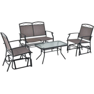 4 Piece Patio Glider Conversation Set with Tempered Glass Table Top-Brown - Color: Brown
