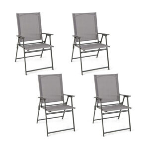 Set of 4 Patio Folding Chair Set with Rustproof Metal Frame-Gray - Color: Gray