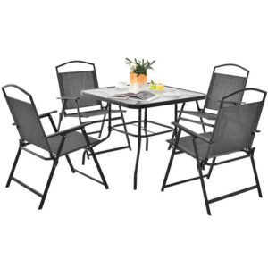 Patio Dining Set for 4 with Umbrella Hole-Gray - Color: Gray