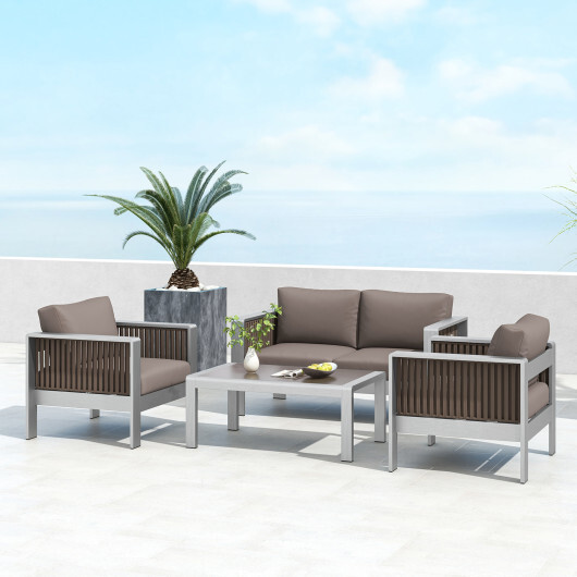 Patio Aluminum Loveseat Sofa Outdoor Furniture Set with Thick Back and Seat Cushions-Gray - Color: Gray - Image 2