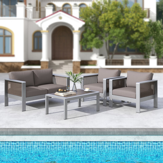 Patio Aluminum Loveseat Sofa Outdoor Furniture Set with Thick Back and Seat Cushions-Gray - Color: Gray - Image 3