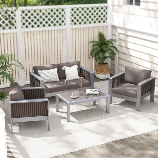 Patio Aluminum Loveseat Sofa Outdoor Furniture Set with Thick Back and Seat Cushions-Gray - Color: Gray - Image 5