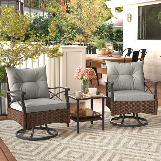 3 Pieces Outdoor Swivel Rocking Chairs Set with 2-Tier Tempered Glass Side Table-Brown - Color: Brown - Image 2