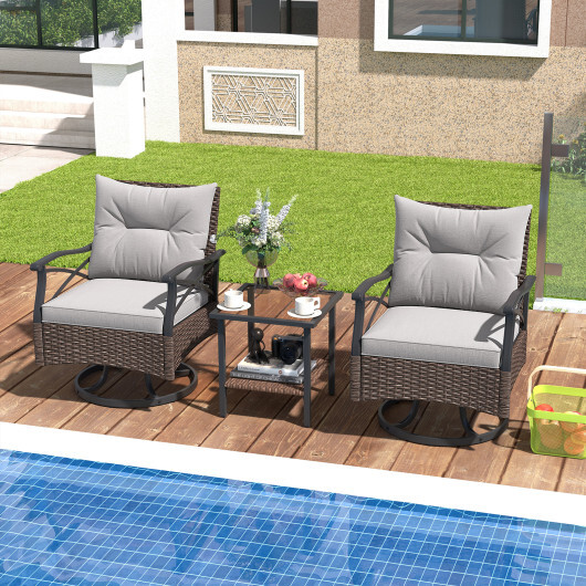 3 Pieces Outdoor Swivel Rocking Chairs Set with 2-Tier Tempered Glass Side Table-Brown - Color: Brown - Image 3