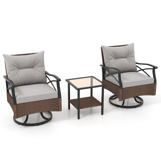 3 Pieces Outdoor Swivel Rocking Chairs Set with 2-Tier Tempered Glass Side Table-Brown - Color: Brown - Image 4