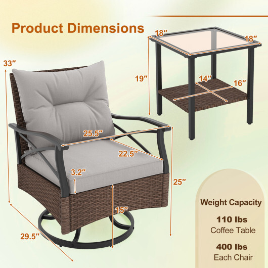 3 Pieces Outdoor Swivel Rocking Chairs Set with 2-Tier Tempered Glass Side Table-Brown - Color: Brown - Image 5