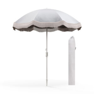 6.5 FT Beach Umbrella with Fringe Outdoor Tassel Umbrella with Push Button Tilt-White - Color: White