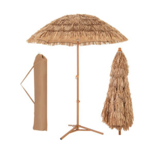 6.5 Feet Thatched Tiki Umbrella with Foldable Stand Push Button Tilt-Natural - Color: Natural