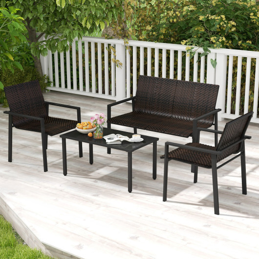 4 Pieces Patio Furniture Set with Heavy Duty Galvanized Metal Frame-Brown - Color: Brown - Image 3
