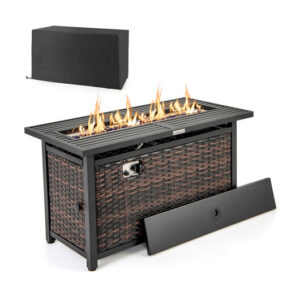 45 Inch Propane Rattan Firepit Table with Glass Stones and Protective Cover-Mixed Brown - Color: Brown