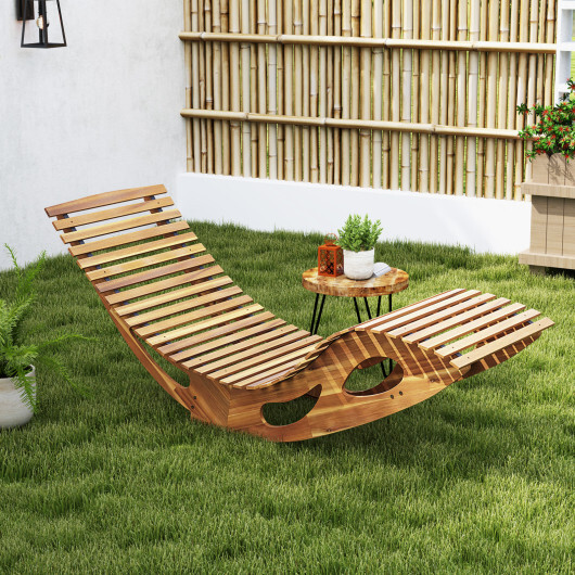 Acacia Wood Patio Rocking Sun Lounger Chaise Lounge with Ergonomic Curved Seat - Color: Natural - Image 2
