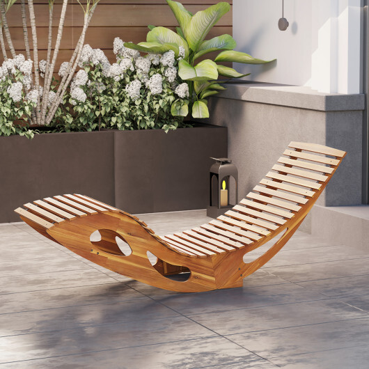 Acacia Wood Patio Rocking Sun Lounger Chaise Lounge with Ergonomic Curved Seat - Color: Natural - Image 3