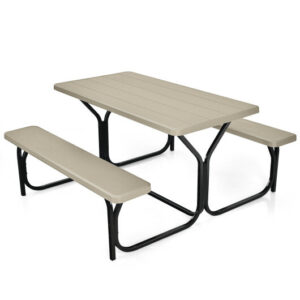 HDPE Outdoor Picnic Table Bench Set with Metal Base-Coffee - Color: Coffee