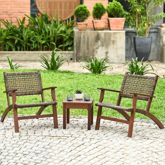 3 Pieces Outdoor Wooden Patio Rattan Furniture Set - Color: Brown - Image 2