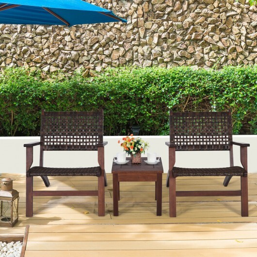 3 Pieces Outdoor Wooden Patio Rattan Furniture Set - Color: Brown - Image 3