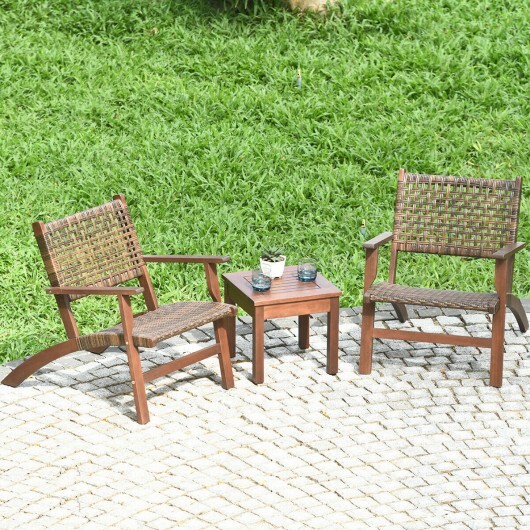 3 Pieces Outdoor Wooden Patio Rattan Furniture Set - Color: Brown - Image 4