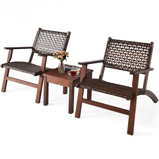 3 Pieces Outdoor Wooden Patio Rattan Furniture Set - Color: Brown - Image 5