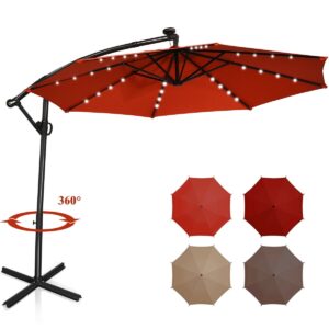 10 ft 360?&deg; Rotation Solar Powered LED Patio Offset Umbrella without Weight Base-Orange - Color: Orange - Size: 10 ft