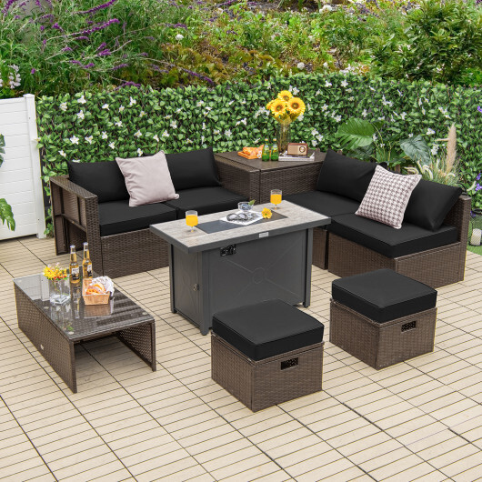 9 Pieces Outdoor Patio Furniture Set with 42 Inch Propane Fire Pit Table-Black - Color: Black - Image 2