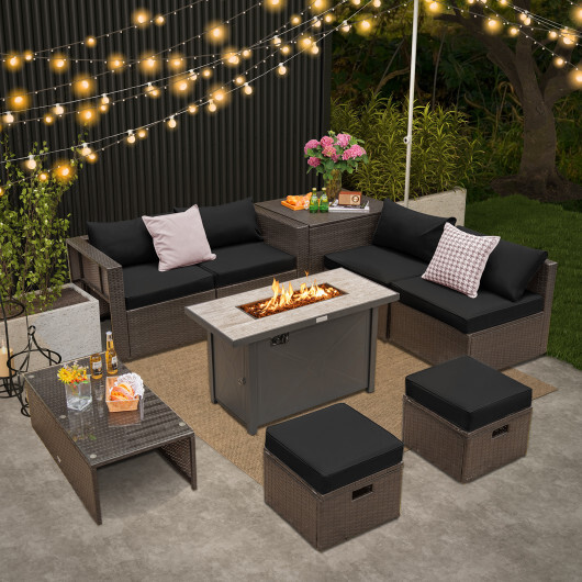 9 Pieces Outdoor Patio Furniture Set with 42 Inch Propane Fire Pit Table-Black - Color: Black - Image 3