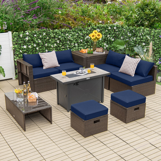 9 Pieces Outdoor Patio Furniture Set with 42 Inch Propane Fire Pit Table-Navy - Color: Navy - Image 2