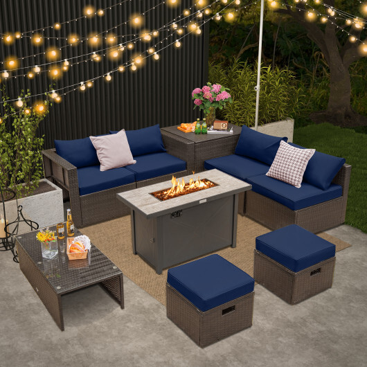 9 Pieces Outdoor Patio Furniture Set with 42 Inch Propane Fire Pit Table-Navy - Color: Navy - Image 3