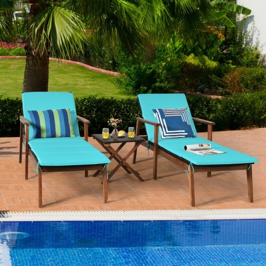 3 Pieces Portable Patio Cushioned Rattan Lounge Chair Set with Folding Table-Turquoise - Color: Turquoise - Image 2