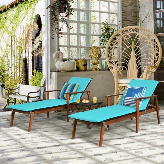 3 Pieces Portable Patio Cushioned Rattan Lounge Chair Set with Folding Table-Turquoise - Color: Turquoise - Image 3