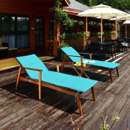 3 Pieces Portable Patio Cushioned Rattan Lounge Chair Set with Folding Table-Turquoise - Color: Turquoise - Image 5