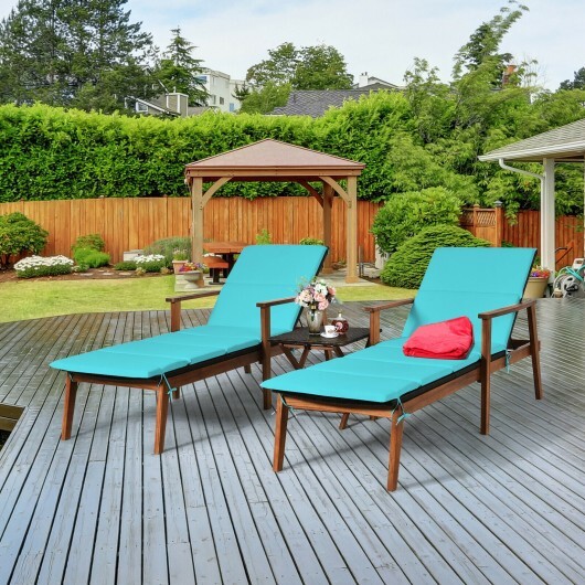 3 Pieces Portable Patio Cushioned Rattan Lounge Chair Set with Folding Table-Turquoise - Color: Turquoise - Image 6