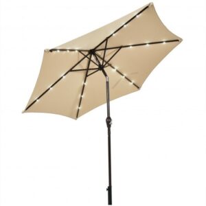 9 Feet Solar LED Lighted Patio Market Umbrella Tilt Adjustment Crank Lift-Beige - Color: Beige - Size: 9 ft
