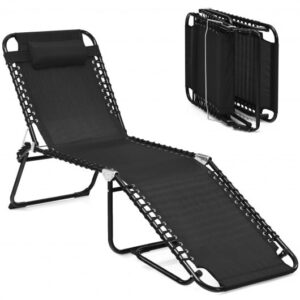 Folding Heightening Design Beach Lounge Chair with Pillow for Patio-Black - Color: Black