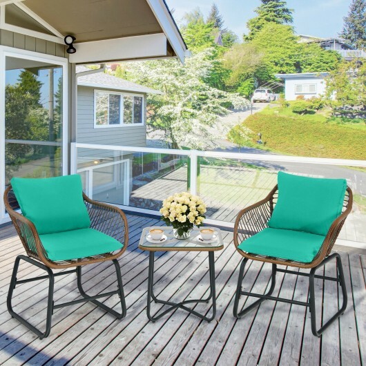 3 Pieces Patio Rattan Bistro Set Cushioned Chair Glass Table Deck-Turquoise - Color: Turquoise - Image 2