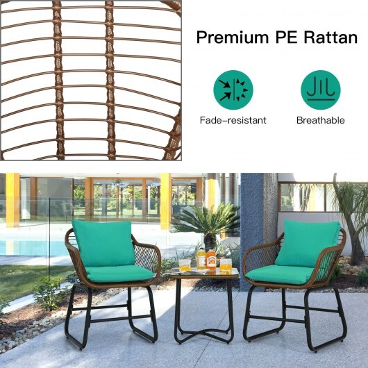 3 Pieces Patio Rattan Bistro Set Cushioned Chair Glass Table Deck-Turquoise - Color: Turquoise - Image 3