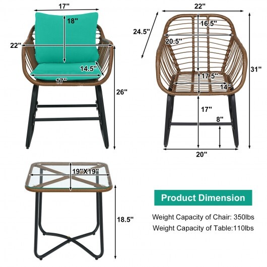 3 Pieces Patio Rattan Bistro Set Cushioned Chair Glass Table Deck-Turquoise - Color: Turquoise - Image 4