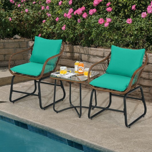 3 Pieces Patio Rattan Bistro Set Cushioned Chair Glass Table Deck-Turquoise - Color: Turquoise - Image 5