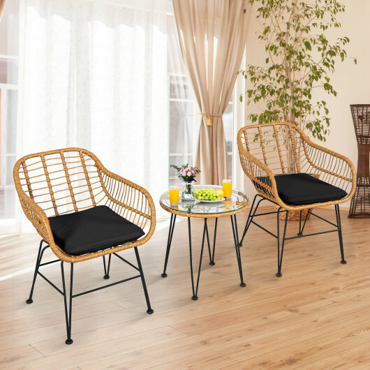 3 Pieces Rattan Furniture Set with Cushioned Chair Table-Black - Color: Black - Image 2