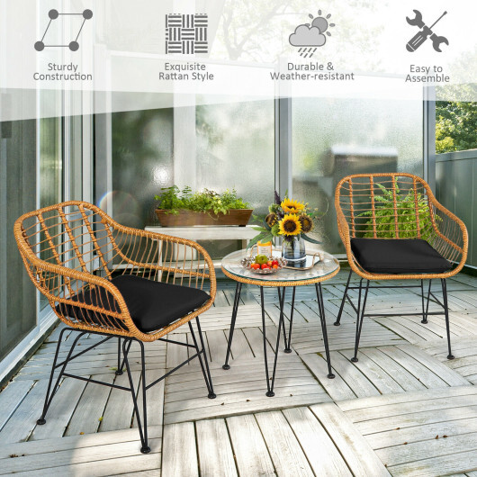 3 Pieces Rattan Furniture Set with Cushioned Chair Table-Black - Color: Black - Image 3
