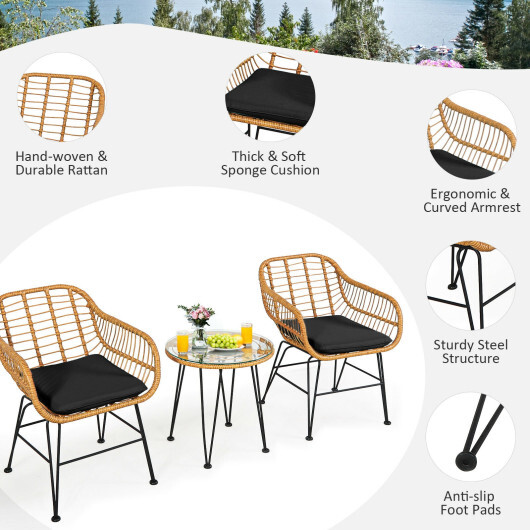 3 Pieces Rattan Furniture Set with Cushioned Chair Table-Black - Color: Black - Image 5