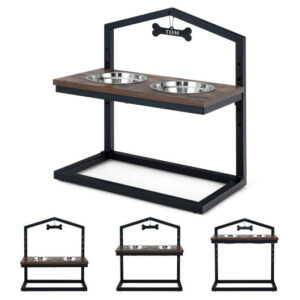 5 Heights Elevated Pet Feeder with 2 Detachable Stainless Steel Bowl-Brown - Color: Brown