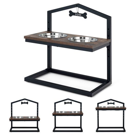 5 Heights Elevated Pet Feeder with 2 Detachable Stainless Steel Bowl-Brown - Color: Brown