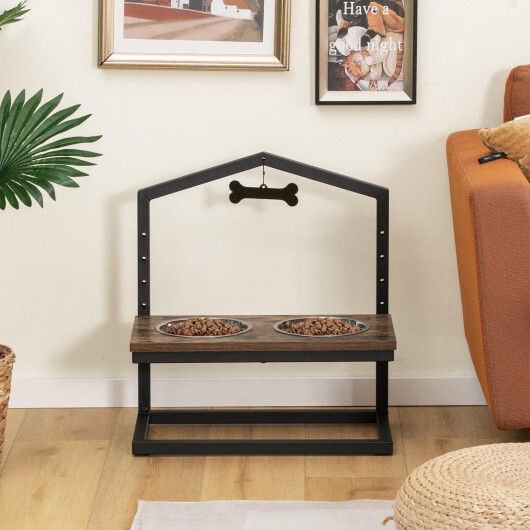 5 Heights Elevated Pet Feeder with 2 Detachable Stainless Steel Bowl-Brown - Color: Brown - Image 2