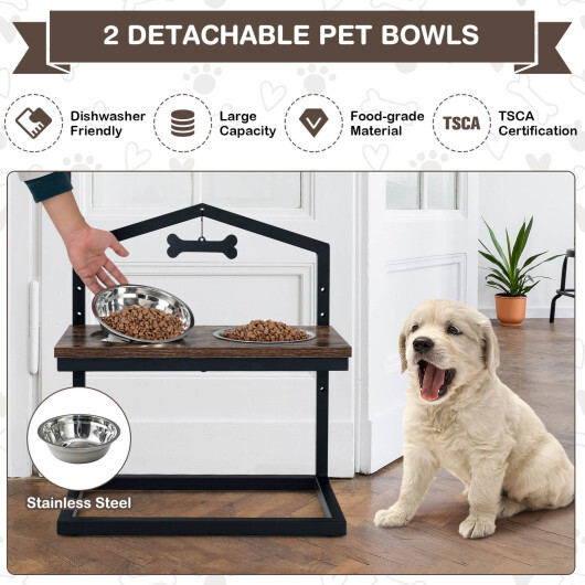 5 Heights Elevated Pet Feeder with 2 Detachable Stainless Steel Bowl-Brown - Color: Brown - Image 3