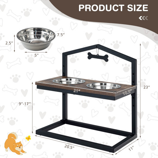 5 Heights Elevated Pet Feeder with 2 Detachable Stainless Steel Bowl-Brown - Color: Brown - Image 4