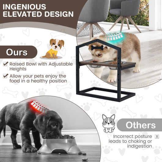 5 Heights Elevated Pet Feeder with 2 Detachable Stainless Steel Bowl-Brown - Color: Brown - Image 5