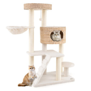 Modern Cat Tree for Indoor Cats with Cattail Fluff Condo and Top Perch-Natural - Color: Natural