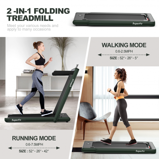 2-in-1 Electric Motorized Health and Fitness Folding Treadmill with Dual Display and Speaker-Green - Color: Green - Image 3